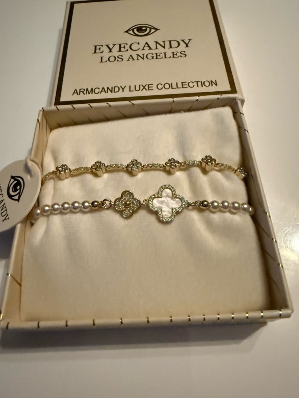 eye candy Gold and Pearl Clover Bracelet Duo